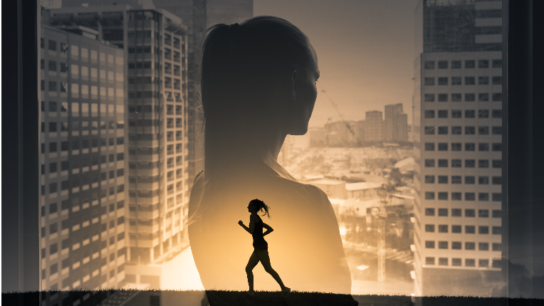Concept image overlay of female thinking and running