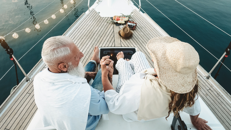 Old couple on boat.